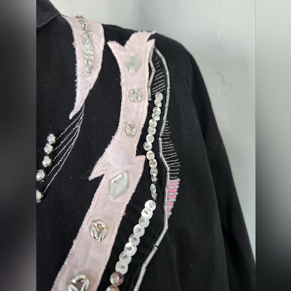 Vtg Gitano Western Button Up Collar Black Pink Bling Seqin Bead Satin Sz L - Picture 8 of 14